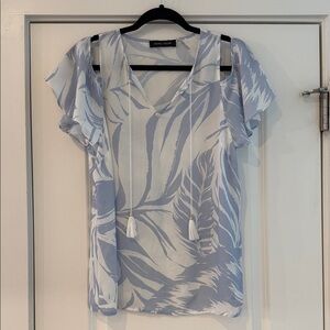 Ivanka Trump Light Blue and White Leaf Print Cold Shoulder Blouse